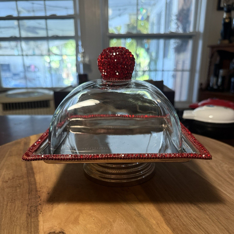 Square Glass Cake Stand with Dome Lid, Red Base & Knob, Beaded Trim