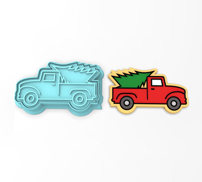 Truck with Christmas Tree Cookie Cutter & Stamp | Car Rustic Auto Pickup Xmas