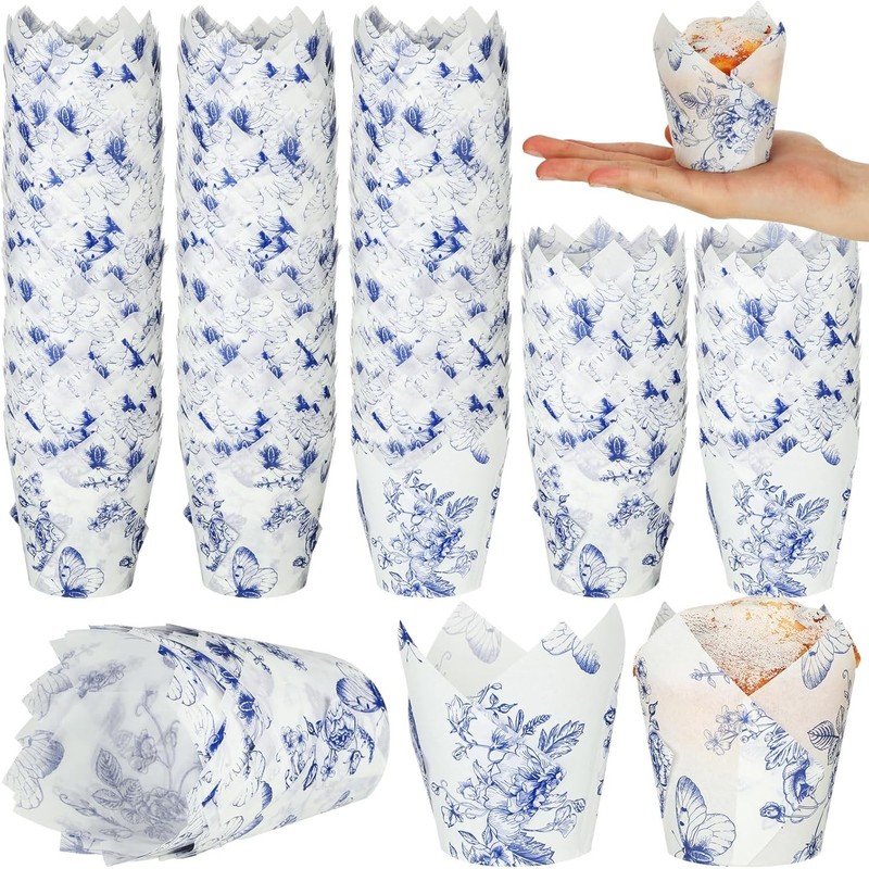 200 Pcs Blue Floral Cupcake Wrappers Chinoiserie Blue White Flower Cupcake