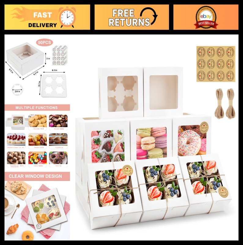 50 PCS Cupcake Boxes with Window – 6x6x3 Bakery Treat Boxes for Pastries, Desser