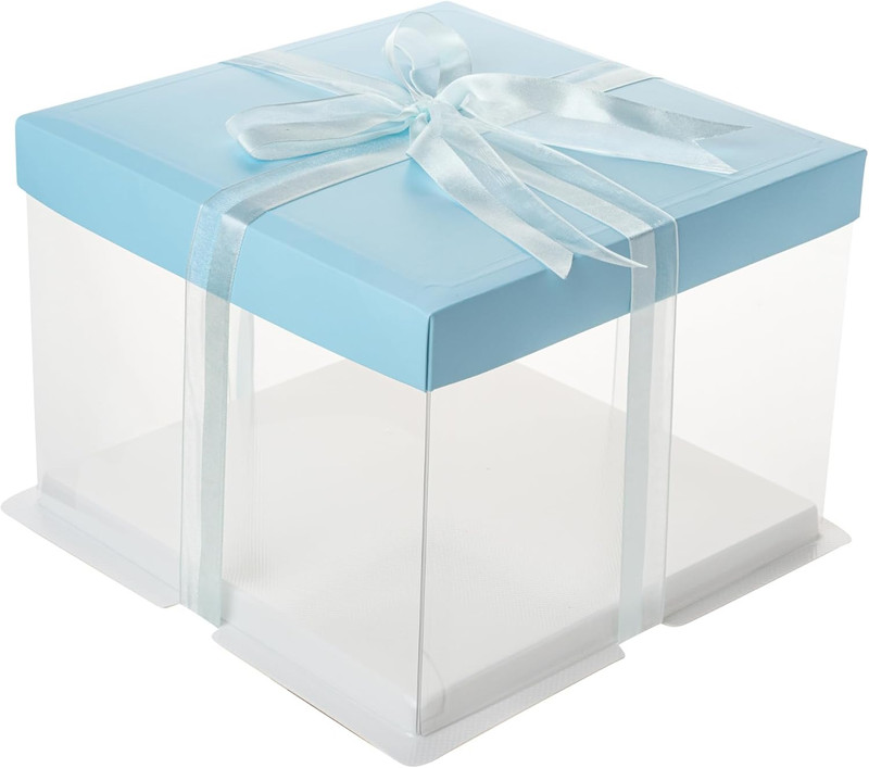 Clear Cake Boxes with Blue Lid & Ribbon - 10 Grease Resistant 8.5x6.75 Inch