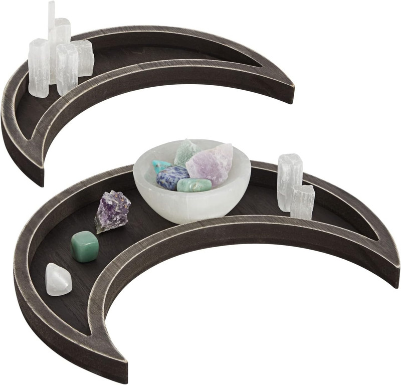 2-Piece Dark Brown Decorative Wooden Crescent Moon Tray – Rustic Home Décor Acce