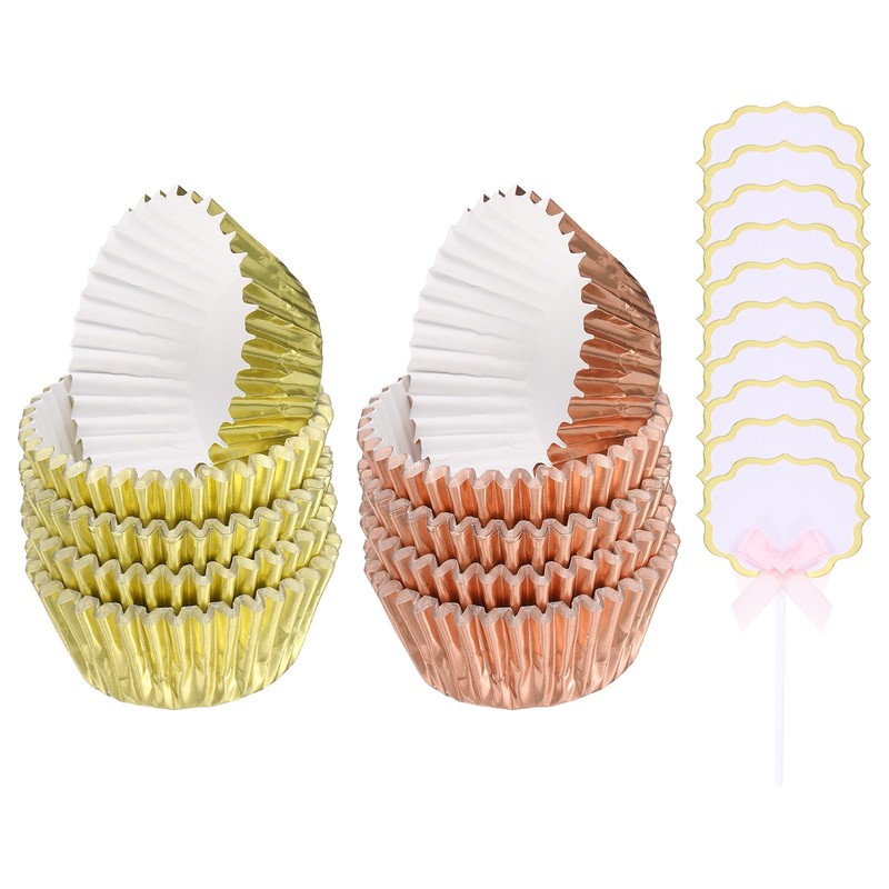 Foil Cupcake Liners 200Pcs with 10Pcs Cake Toppers for Baking, Rose Gold/Gold
