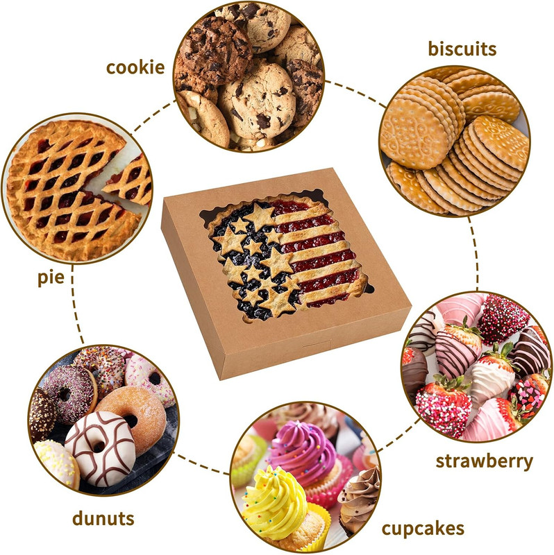 Moretoes 5pcs Pie Boxes, 10x10x2.5 Bakery Boxes with Window, Auto-Popup Brown Ba gallery