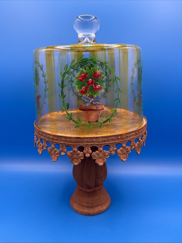 Vtg Glass & Metal Dome Cake Pedestal Plate Painted Floral Functional~Decorative