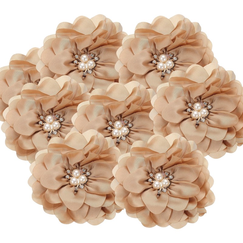 10Pcs 3.15 Inch Rhinestone Chiffon Flower Fabric Appliques Beige
