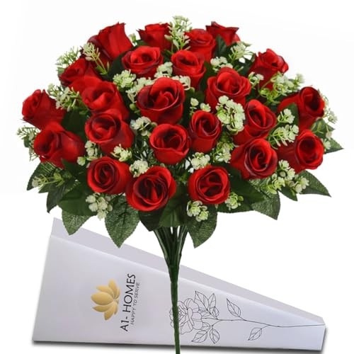 6" Artificial Silk Rose Bush with Gyp & Foliage 24 Flower Heads- Wedding 1 Red gallery