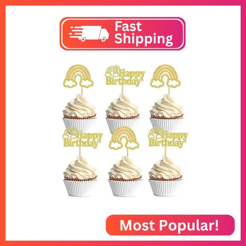 Ercadio 24 Pack Boho Rainbow Happy Birthday Cupcake Toppers Glitter Gold Color C