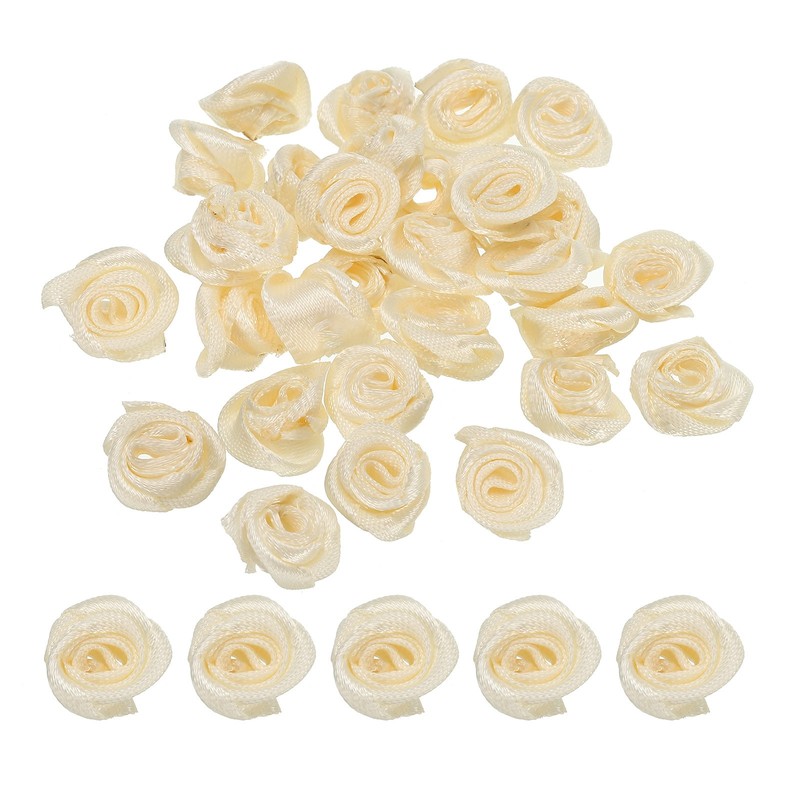 30Pcs Mini Satin Ribbon Roses Fabric Flowers Embellishments Rosettes Beige