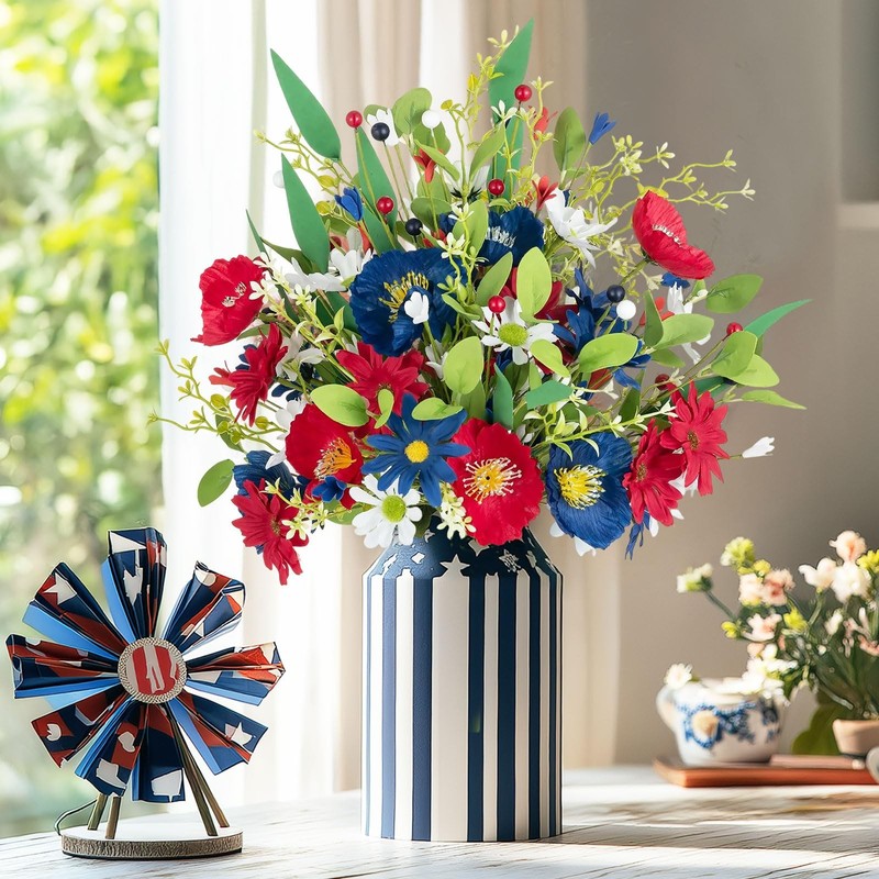 Blosmon Red White And Blue Flowers 4 Bundles Fake Flowers 4Th Of July Patriotic