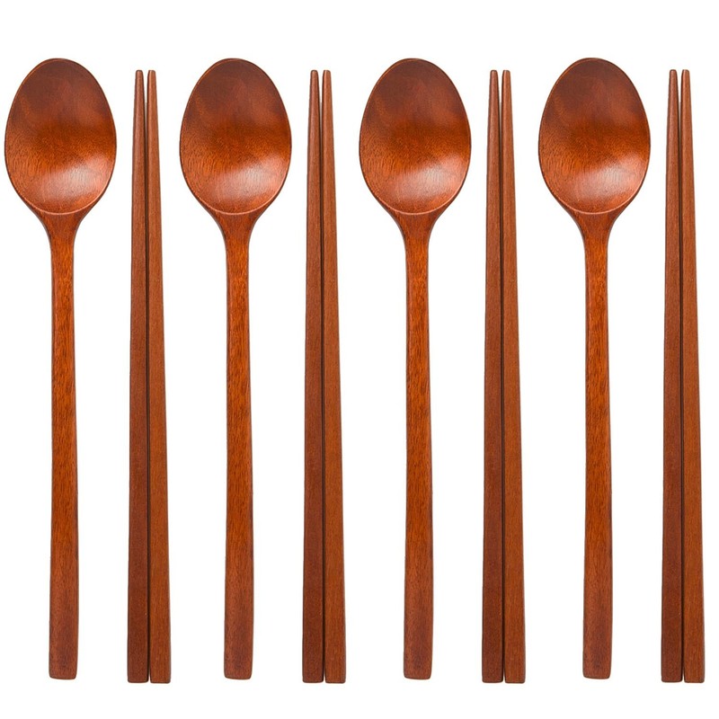 Chopsticks Reusable Korea Traditional Lacquer Wooden Spoon 4 Pairs Set