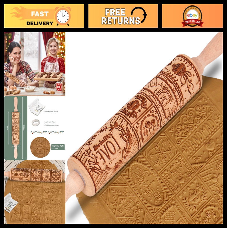 Valentine’s Day Embossed Rolling Pin for Cookies & Baking | Engraved Design Roll