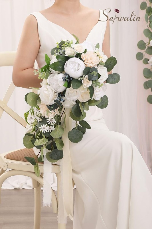 Serwalin 9.8 in White Peony Rose Hydrangea Wedding Bouquet for Bride gallery