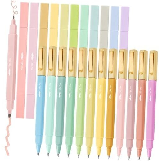 – Dual Tip Aesthetic Highlighters and Ballpoint Pens No Bleed, 24 Pack,