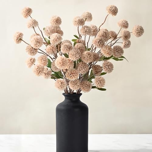 10pcs Fake Silk Pompon Mum Artificial Flowers, Bulk Faux Mini Beige