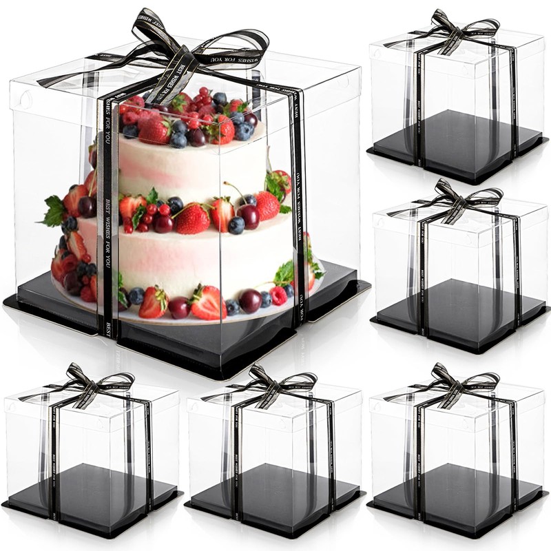 6 Pack Clear Cake Box with Ribbon, 2-Layer Tall Cake Carrier Box, Packaging B…