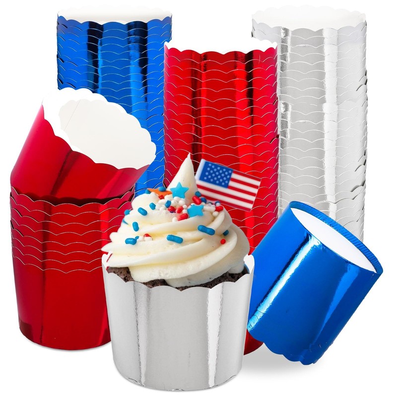 150Pcs Patriotic Baking Cups Red Blue Silver Foil Cupcake Liners Cupcake Wrap…