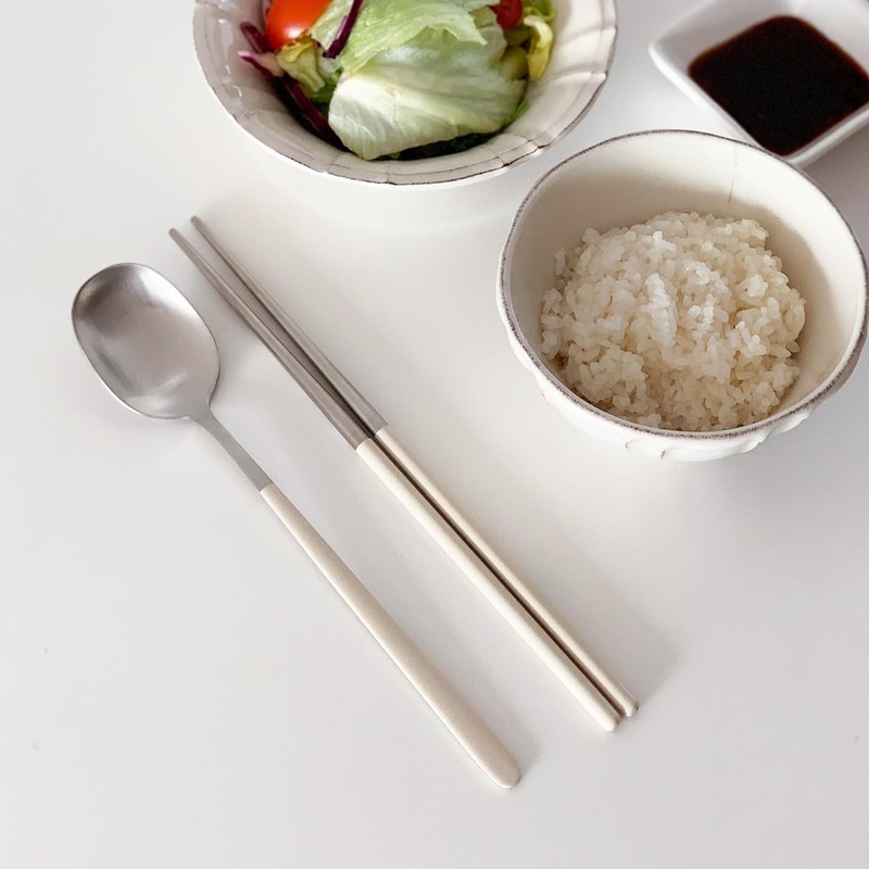 KoreanStyle Cutlery Spoon Chopsticks Set 304 Stainless Steel 2 PCS Ivory gallery