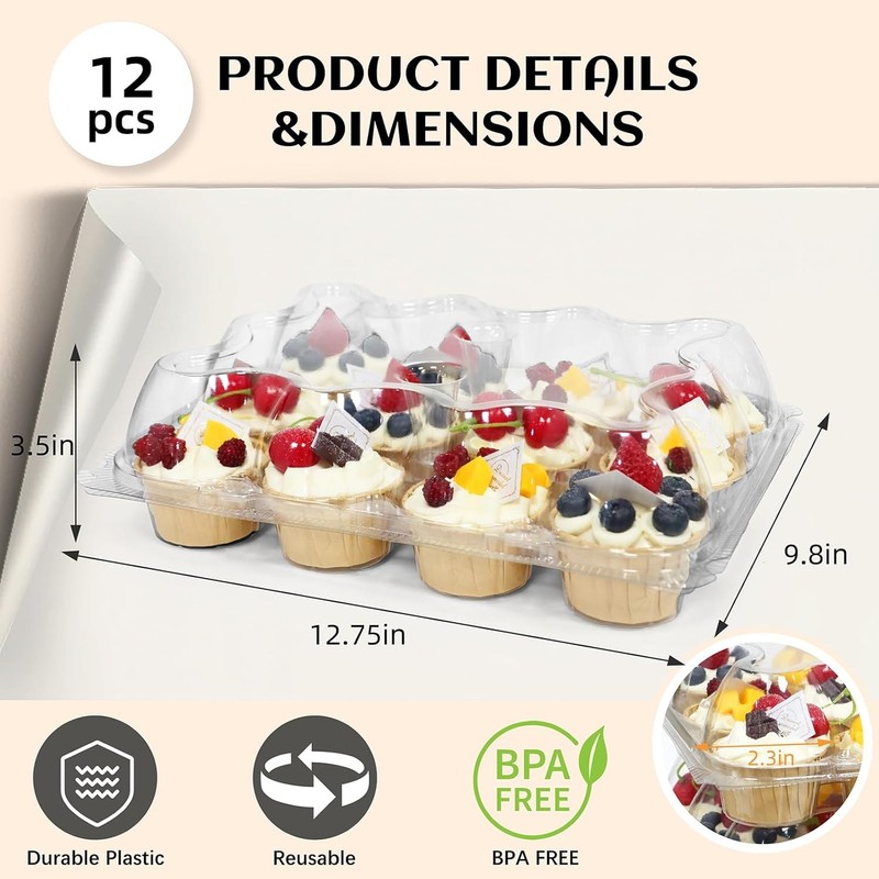 12-Pack Stackable Plastic Cupcake Containers with Lids, Clear Reusable Dessert gallery