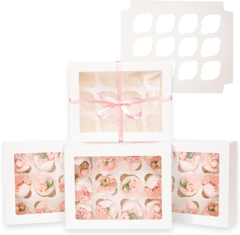 Auto-Pop up 12 Cupcake Containers 6-Packs White Cupcakes Carrier, 12 Cupcake Box