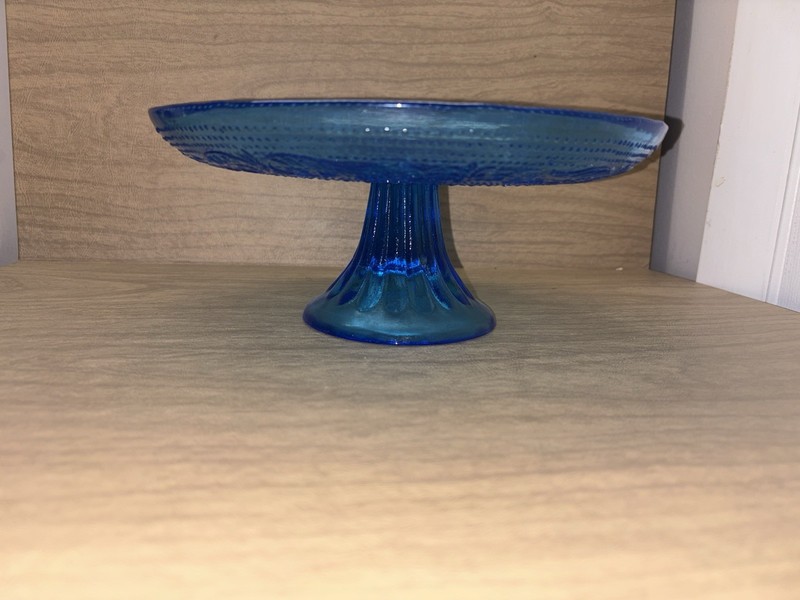 Exquisite Cake Stand Blue Depression Glass 10 ” inches Country Cottage- Boho