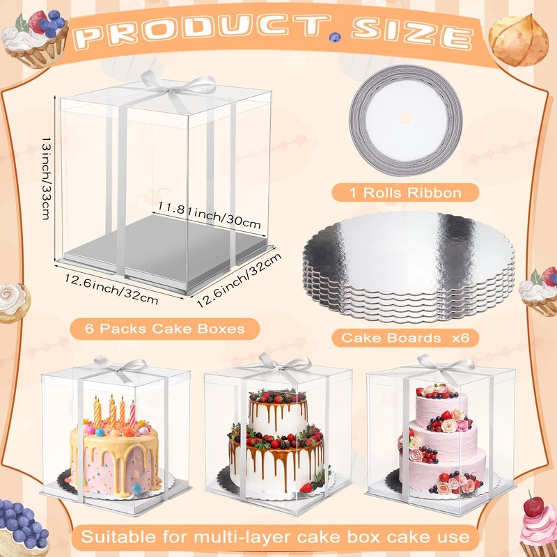 6 Pack Large 12x12x13 Inch Clear Cake Box Round Boards Ribbon Carrier Silver gallery