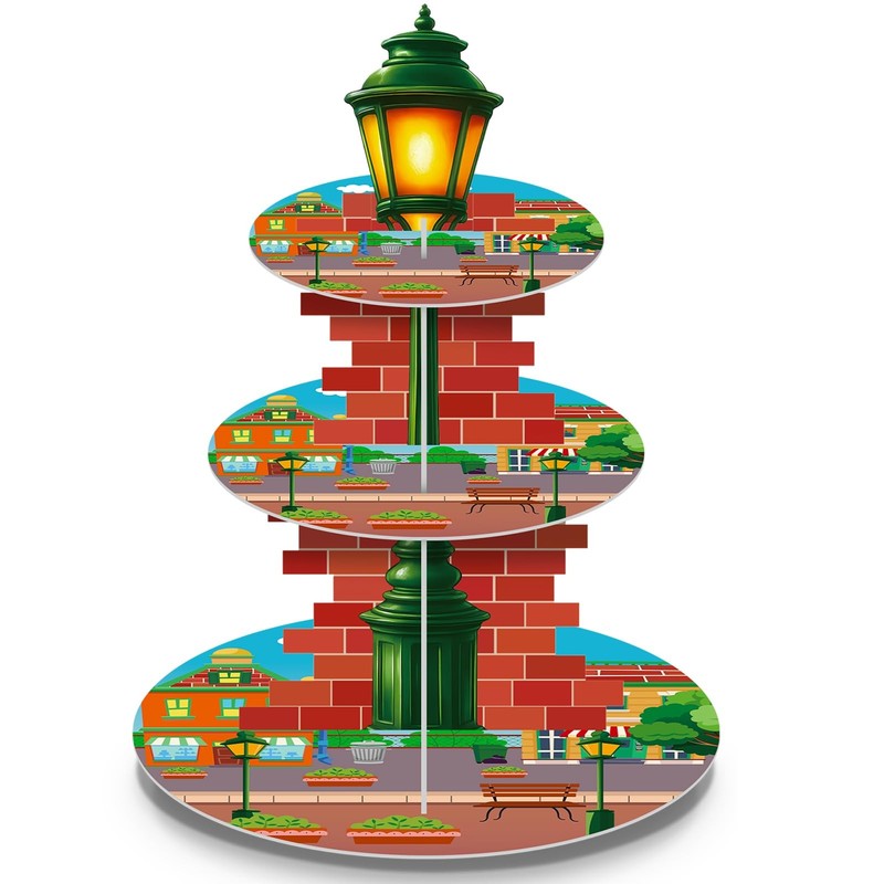 Red Brick Wall Cupcake Stand Cartoon Street Birthday Party Supplies 3 Tier Cu…