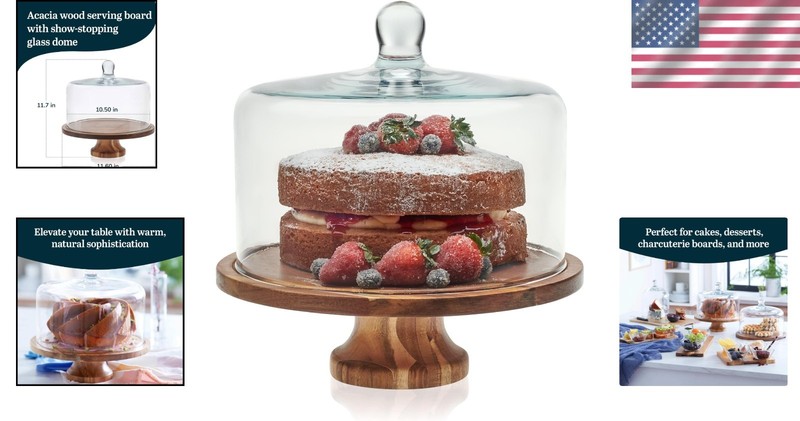 Acacia Wood Cake Stand with Lid Glass Dessert Dome Serving Platter gallery