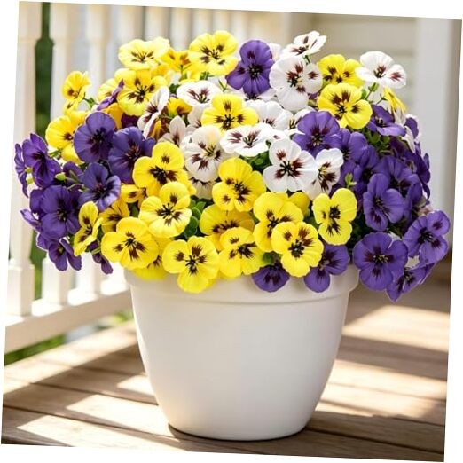 Artificial Pansies Flowers for Outdoors, 12 Pcs Faux Yellow White Purple,12 Pcs gallery