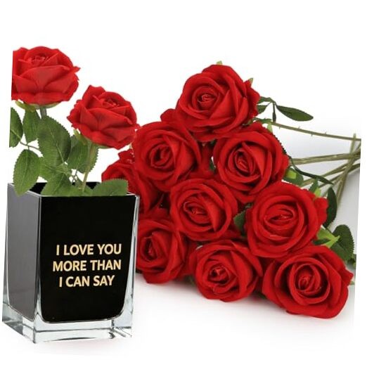 Roses Artificial Flowers, Fake Silk Roses with Stems for Valentine’s 12 Red