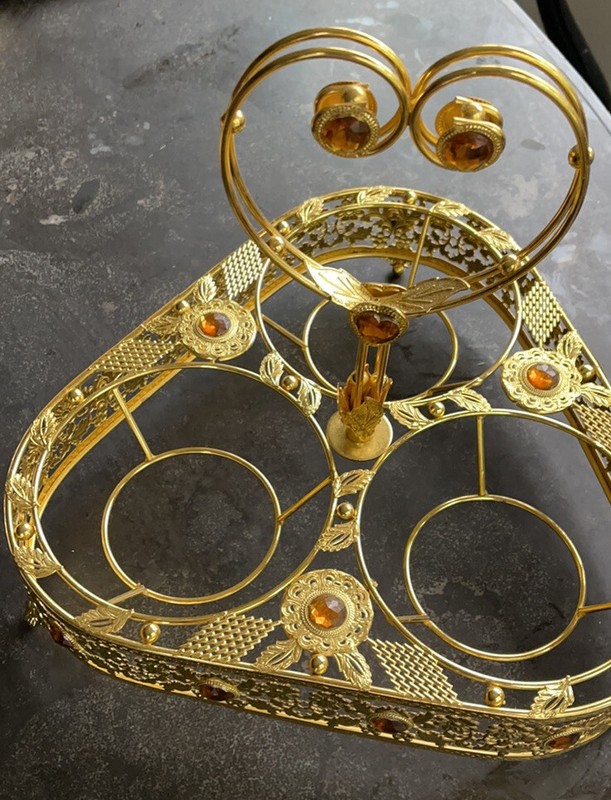 Gold Embellished serving stand With Three Compartments For bowl With Handle gallery