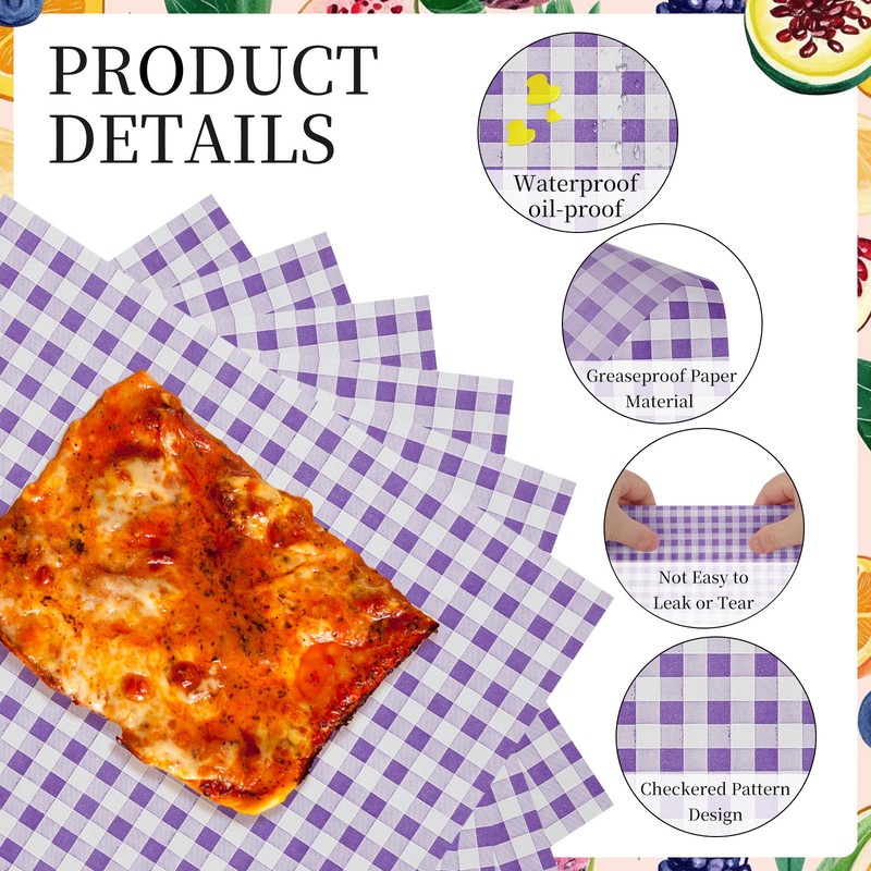 200 Pcs Wax Paper Sheets, 8.7 x 8.7" Checkered Square Wrapping Paper, Purple gallery