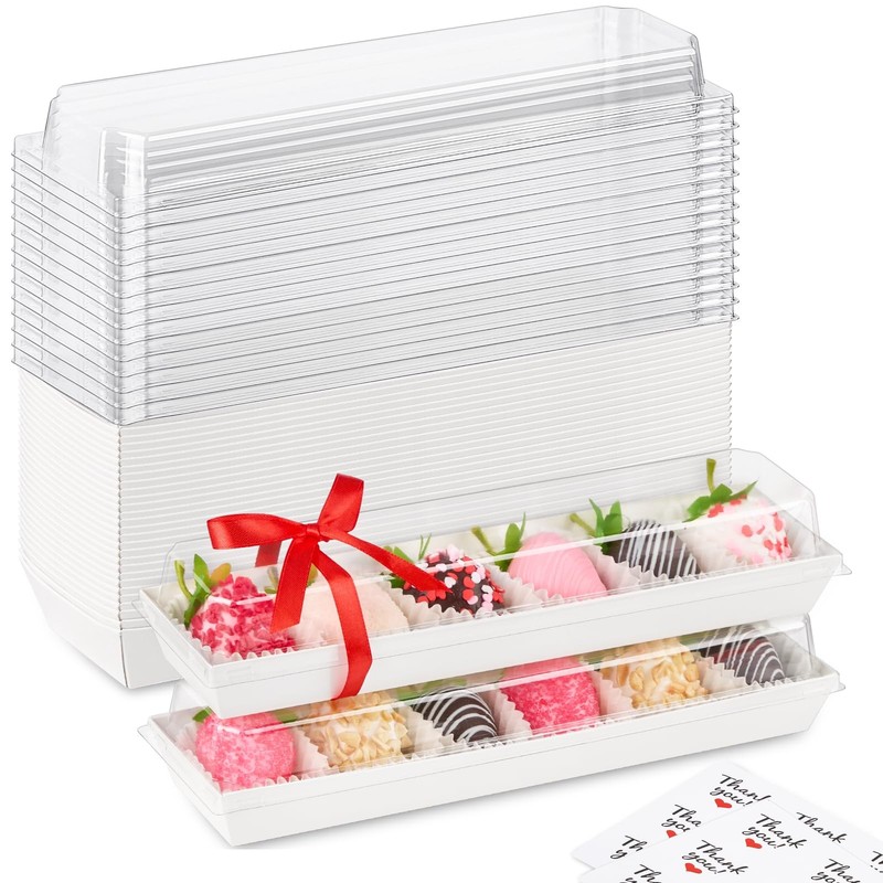 25 Pack Paper Strawberry Boxes with Clear Lids, 12 x 2.6 x 2 Inches White Lon…