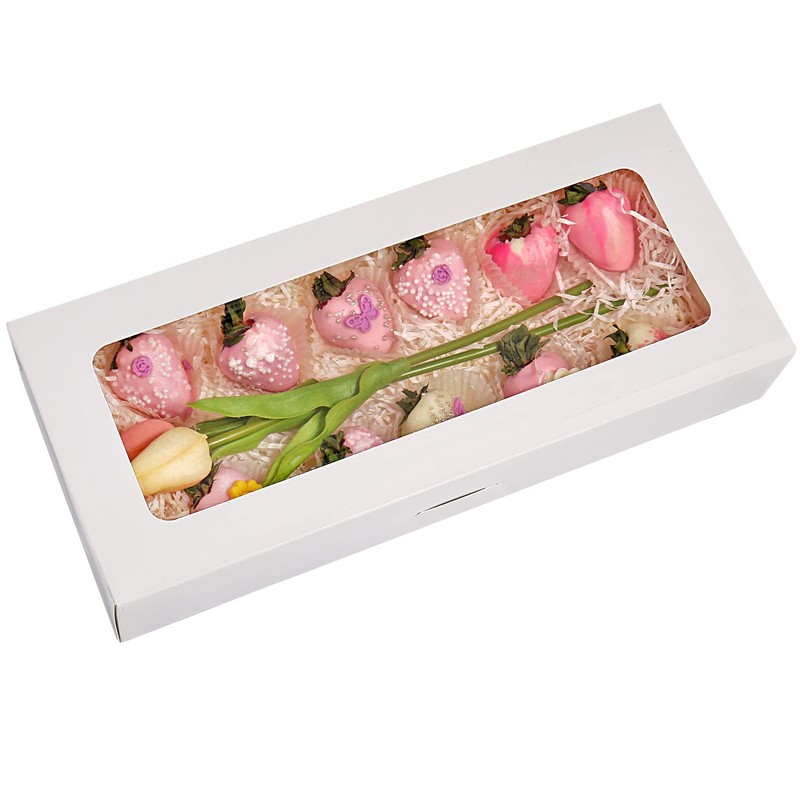 24-Pack 14″ x 6″ x 2.5″ Cookie Boxes, Bakery Boxes with Window, Strawberry Bo…