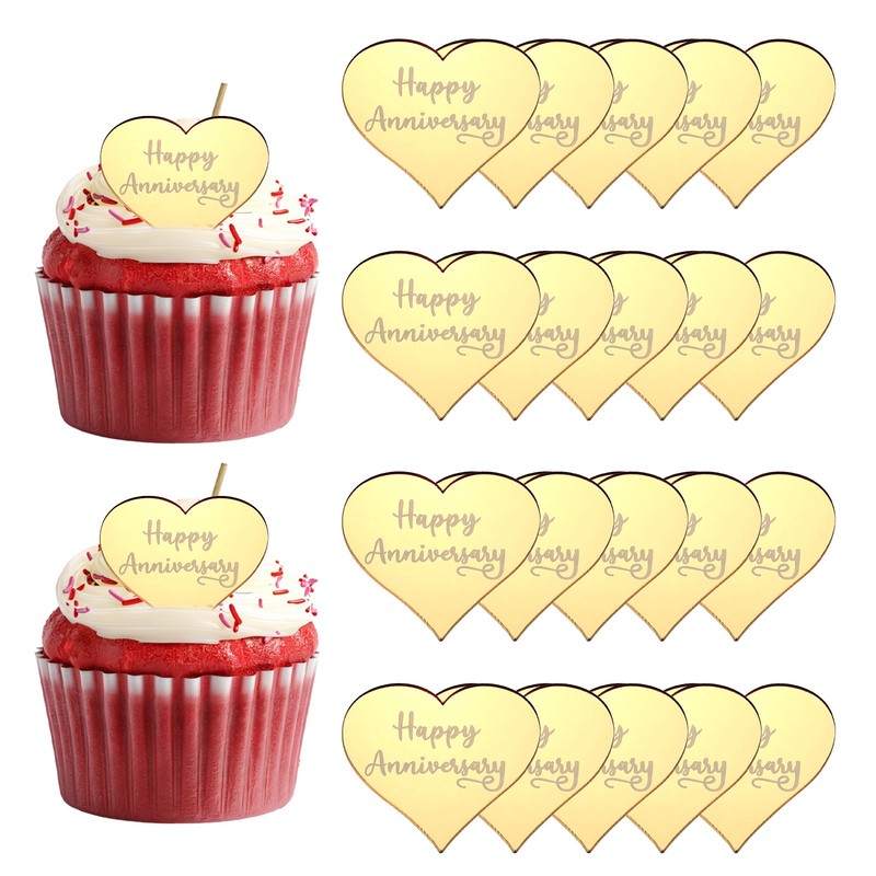 20Pcs Acrylic Mirror Happy Anniversary Cupcake Toppers Heart Shapes, 059-Gold