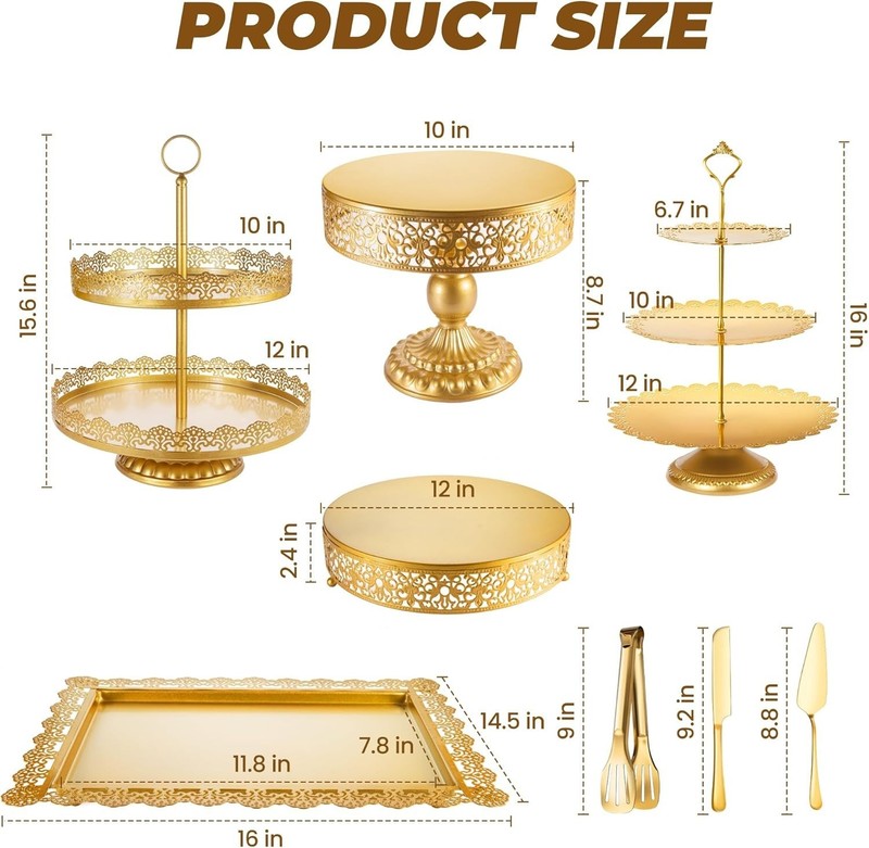 Sturdy Gold Tiered Cake Stand Set with Lace Design - 11 Pieces gallery