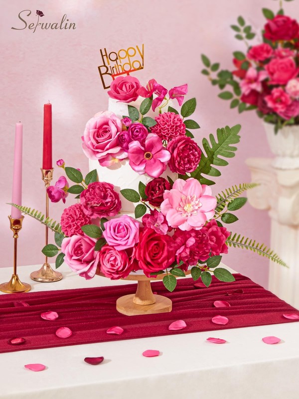 Serwalin Artificial Flowers Hot Pink Magenta Fake Silk Flowers For Diy Wedding gallery