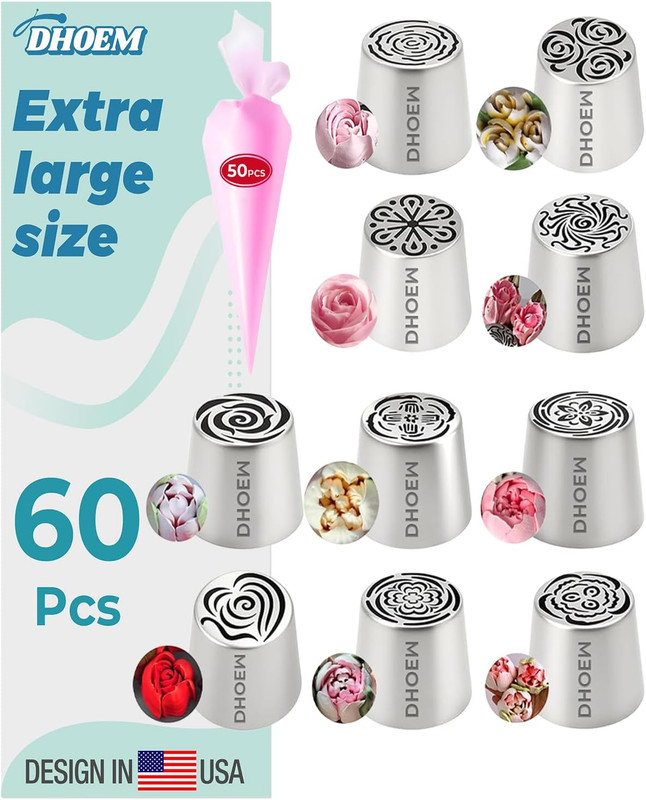 60Pcs Extra Large Russian Piping Tips Set,10 Flower Nozzles Baking, Stainless St