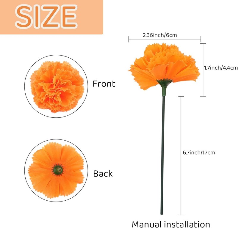 Hananona Pcs Marigold Flower Heads Bulk, Silk Marigold with Stems 50 Orange gallery
