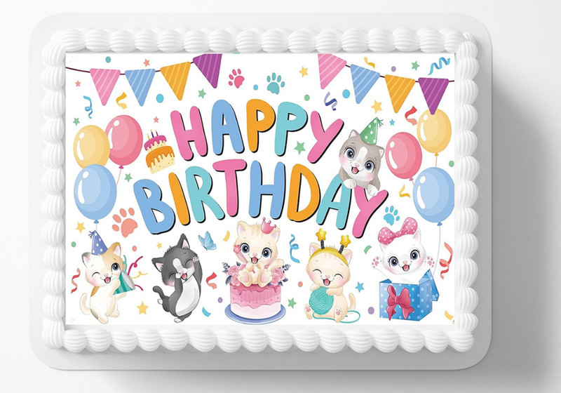 Kittens Kitties Edible Image Happy Birthday Party Cake Topper Easy to Apply