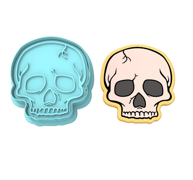 Human Skull Cookie Cutter & Stamp | Halloween Bones Cracks Head Skulls
