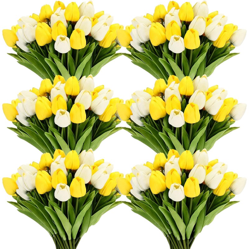 Janinka 60pcs Artificial PU Tulip Flowers – Yellow & Milk White (1 Head)