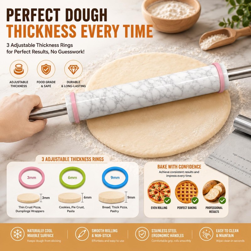 Premium White Marble Rolling Pin Set with Natural Veins, Stainless Steel Hand... gallery
