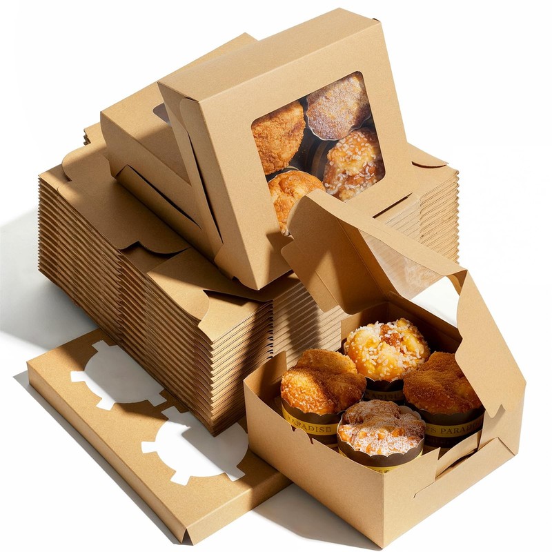 50 Pcs Cupcake Boxes 4 Count Cupcake Containers 6x6x3 Inch Brown Cupcakes Box…