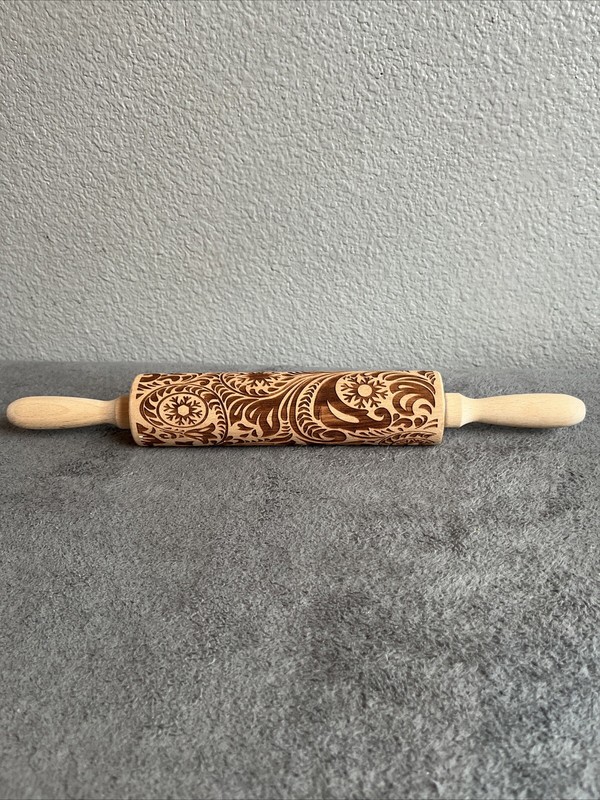 Wooden Rolling Pin Engraved with Deer Snow Symbol/ Pine Tree/ musical signs gallery