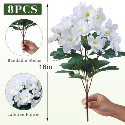 Bundles Artificial Flowers for Front Door, Fake Silk Azalea Bouquet 8 White gallery