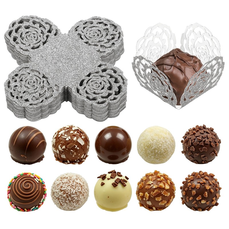 25Pcs 1.4×1.4″ Glitter Rose Truffle Wrapper Cupcake Liners for Decor, Silver