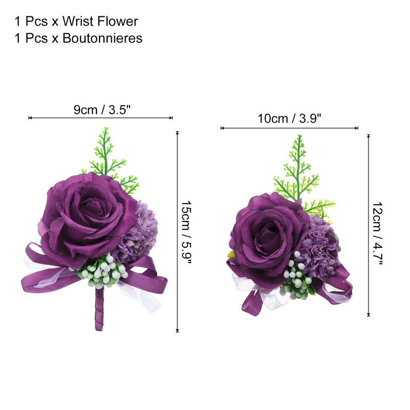 Rose Flower Wrist Corsage and Boutonnieres Set for Wedding Prom, Dark Purple gallery