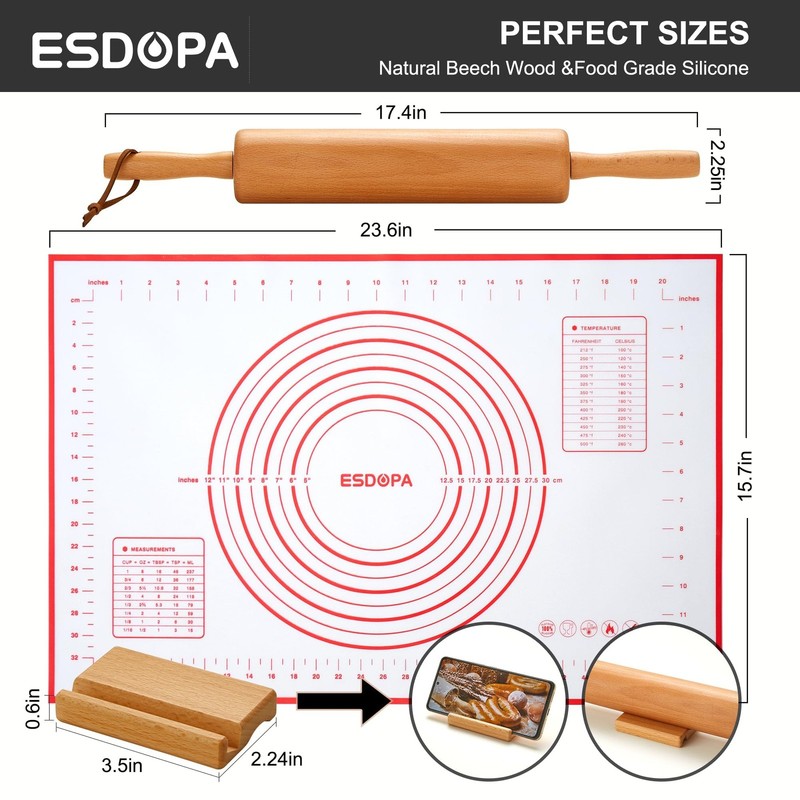 17 Inch Classic Wooden Rolling Pin Baking Silicone Mat Set Dough Roller gallery