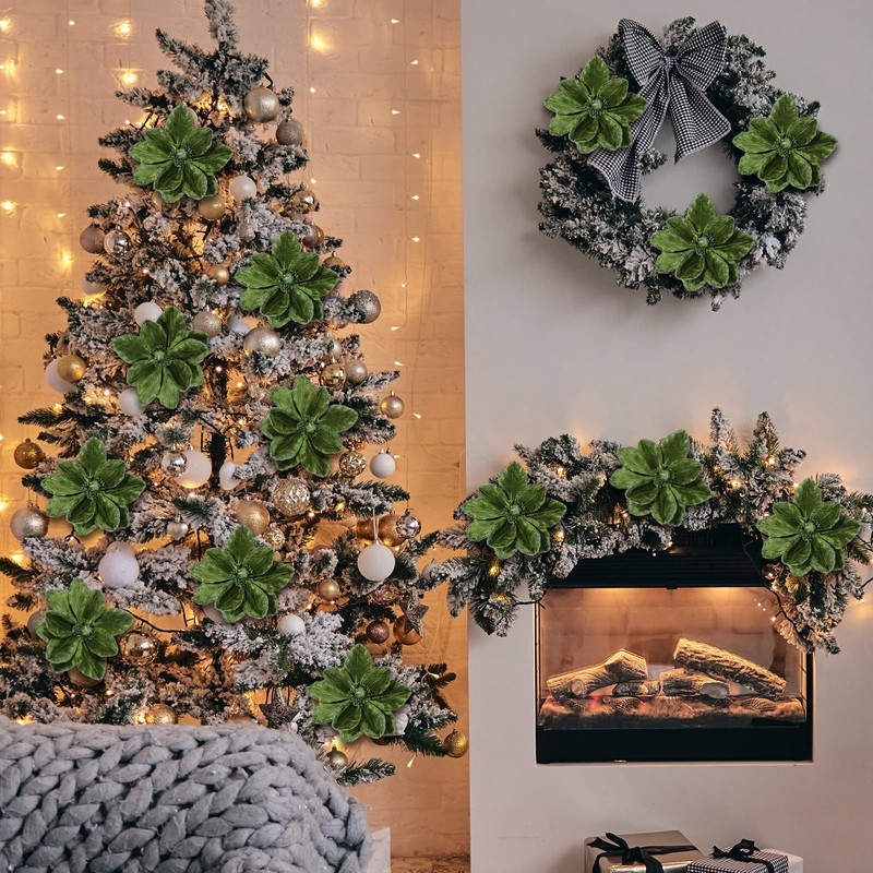 Thiccywoov 8 Large Christmas Magnolia Flowers Tree Decoration 12" Green Velvet gallery